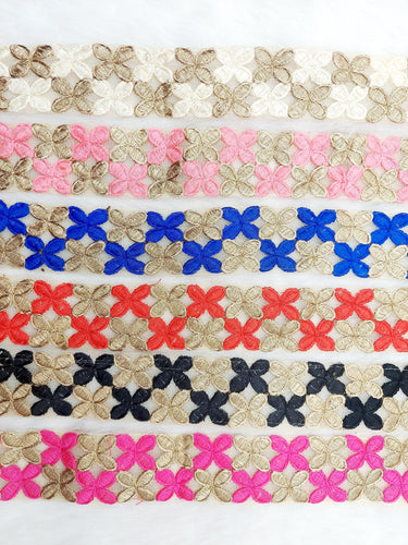 Beige Net Fabric Trim With Gold Embroidery, Floral Embroidery, Available in 6 Colours